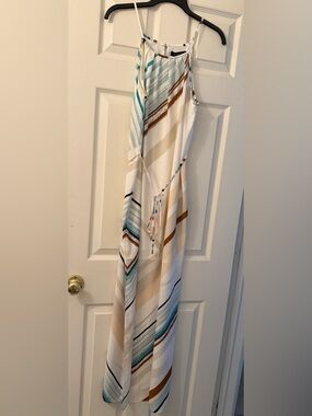 White House Black Market Cream, Teal & Brown Striped Maxi Dress